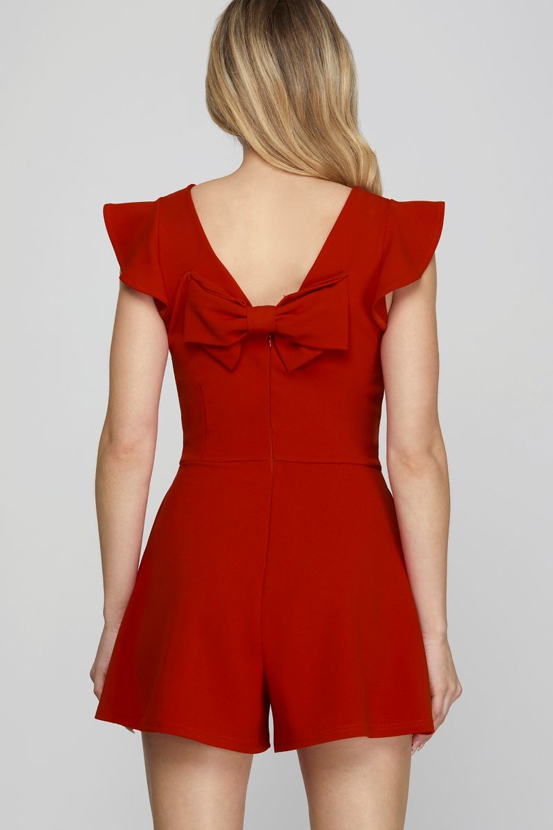 RED RUFFLED SLEEVES BACK DETAILED W/ POCKETS KNIT ROMPER