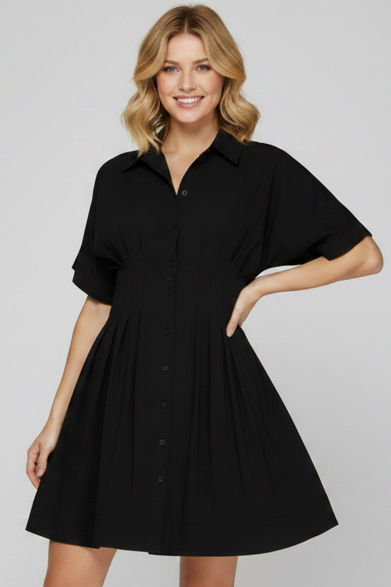 BUTTON DOWN PLEATED SHIRT MINI DRESS-SKSY8612