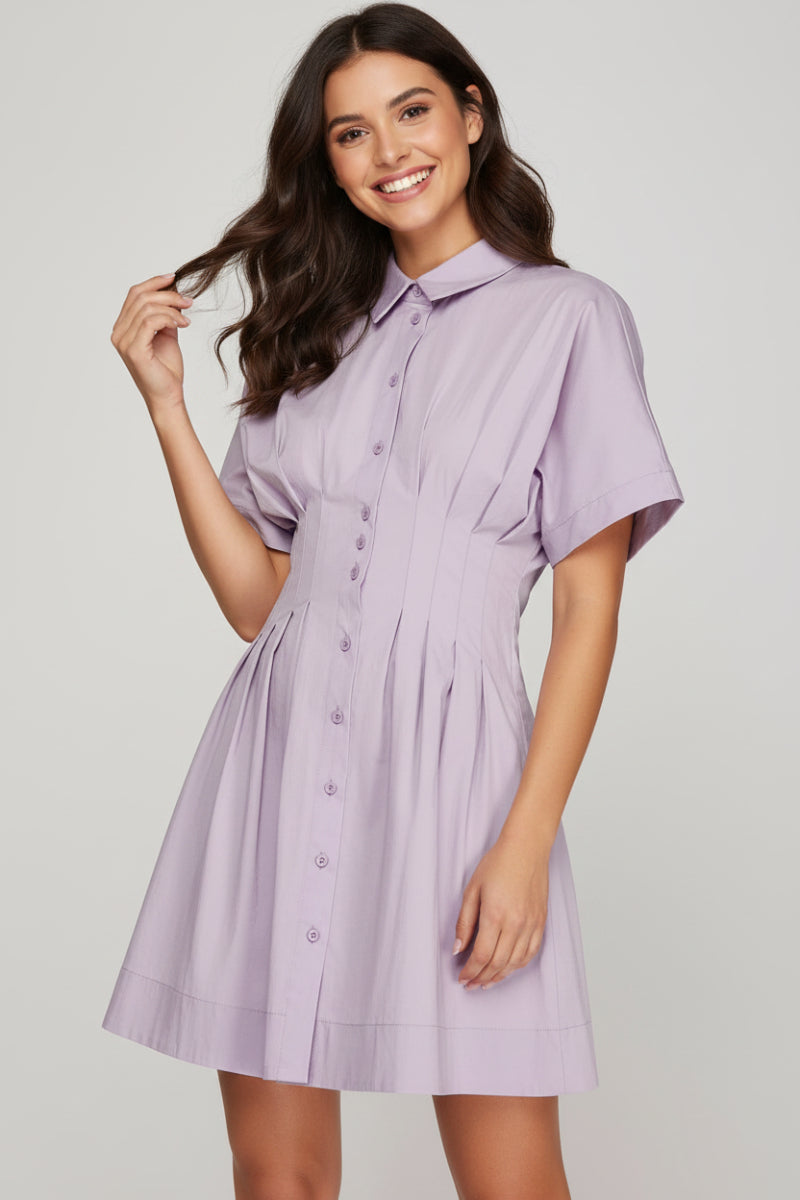 BUTTON DOWN PLEATED SHIRT MINI DRESS-SKSY8612