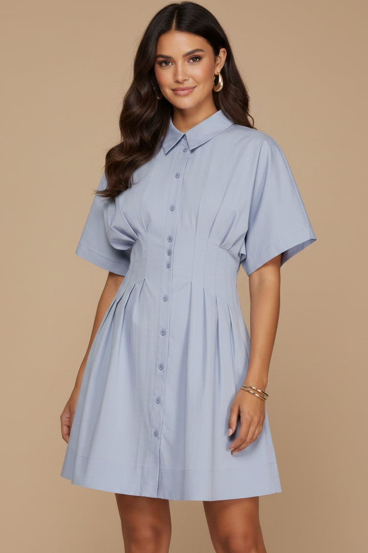 BUTTON DOWN PLEATED SHIRT MINI DRESS-SKSY8612