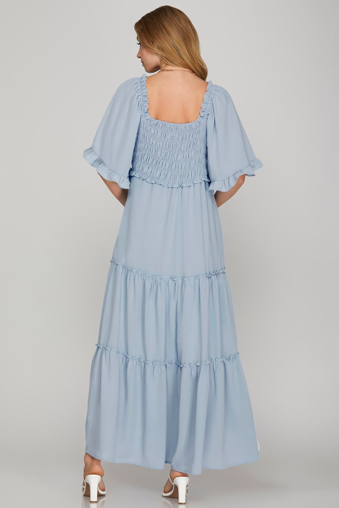 FLUTTER BELL SLEEVE SMOCKED TIERED MAXI DRESS