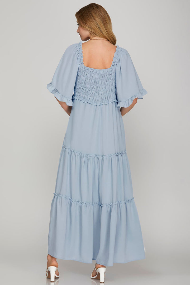 FLUTTER BELL SLEEVE SMOCKED TIERED MAXI DRESS