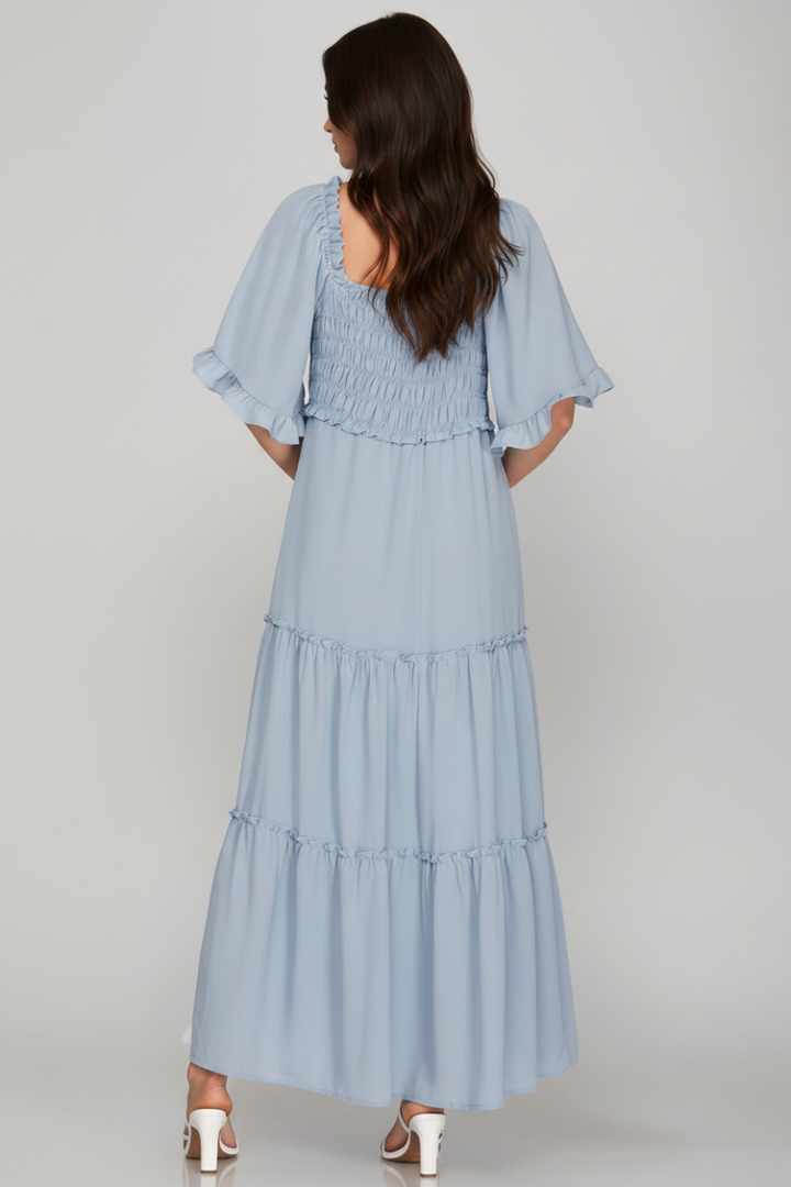FLUTTER BELL SLEEVE SMOCKED TIERED MAXI DRESS
