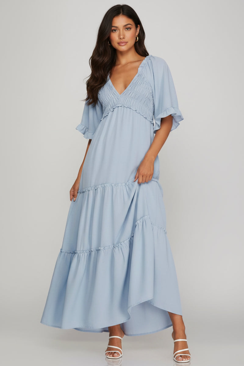 FLUTTER BELL SLEEVE SMOCKED TIERED MAXI DRESS
