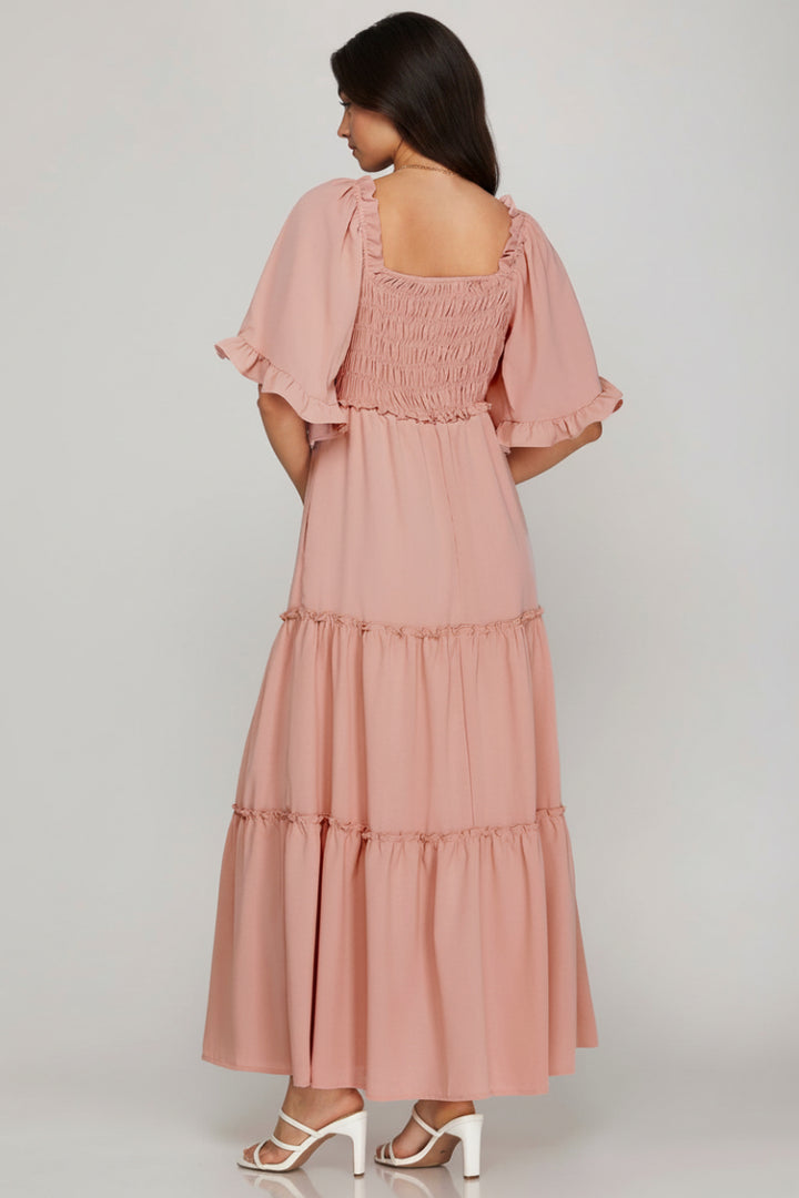 FLUTTER BELL SLEEVE SMOCKED TIERED MAXI DRESS