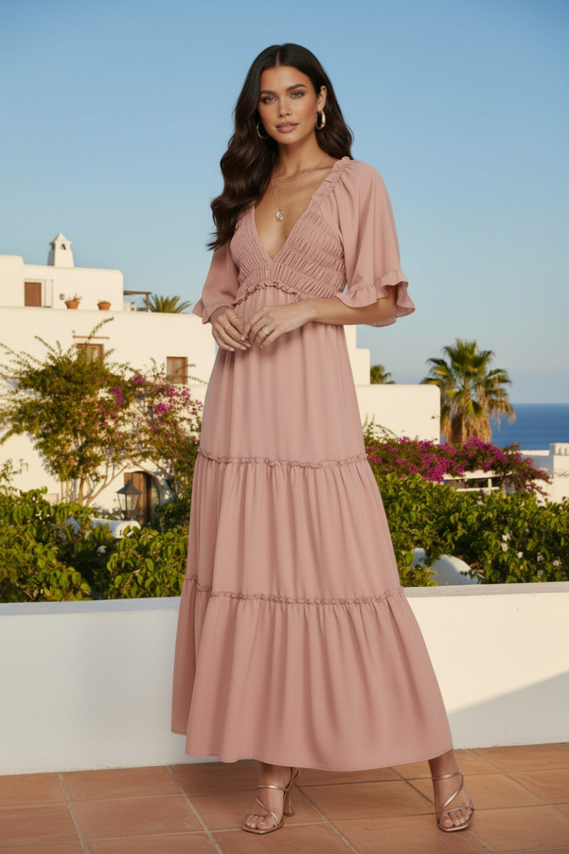 FLUTTER BELL SLEEVE SMOCKED TIERED MAXI DRESS