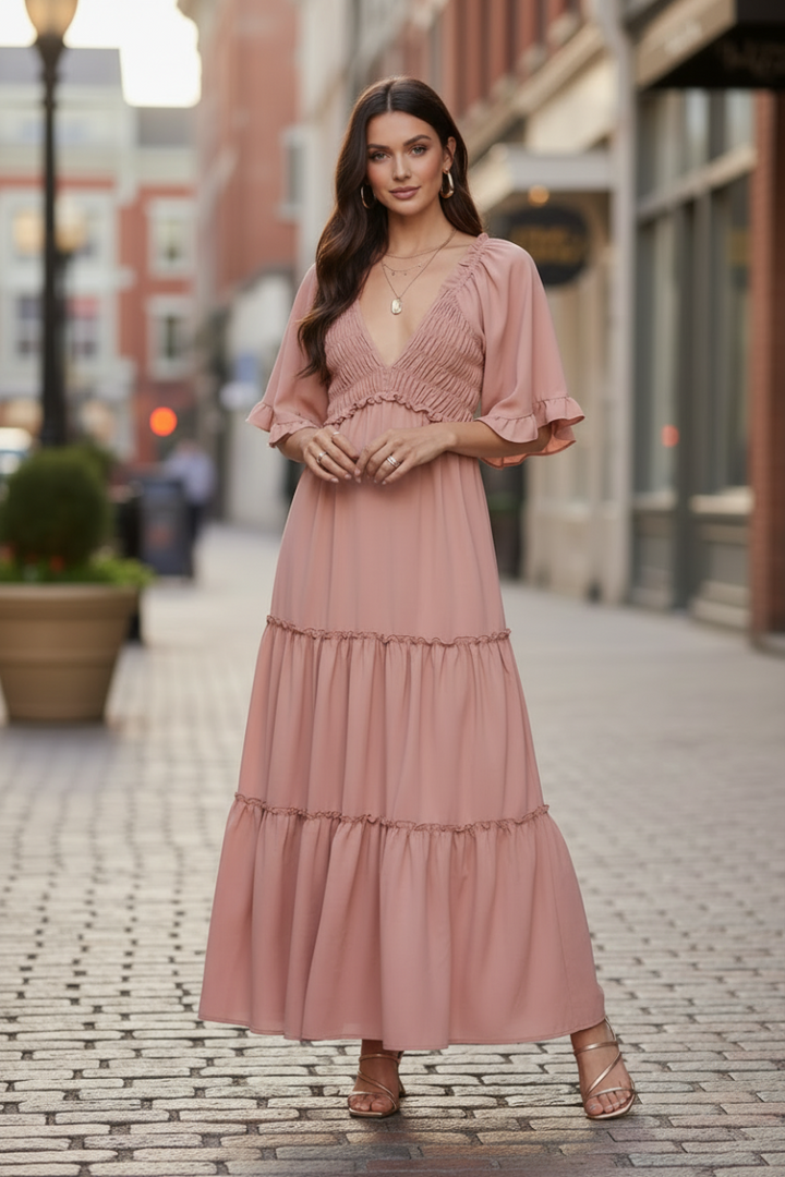 FLUTTER BELL SLEEVE SMOCKED TIERED MAXI DRESS