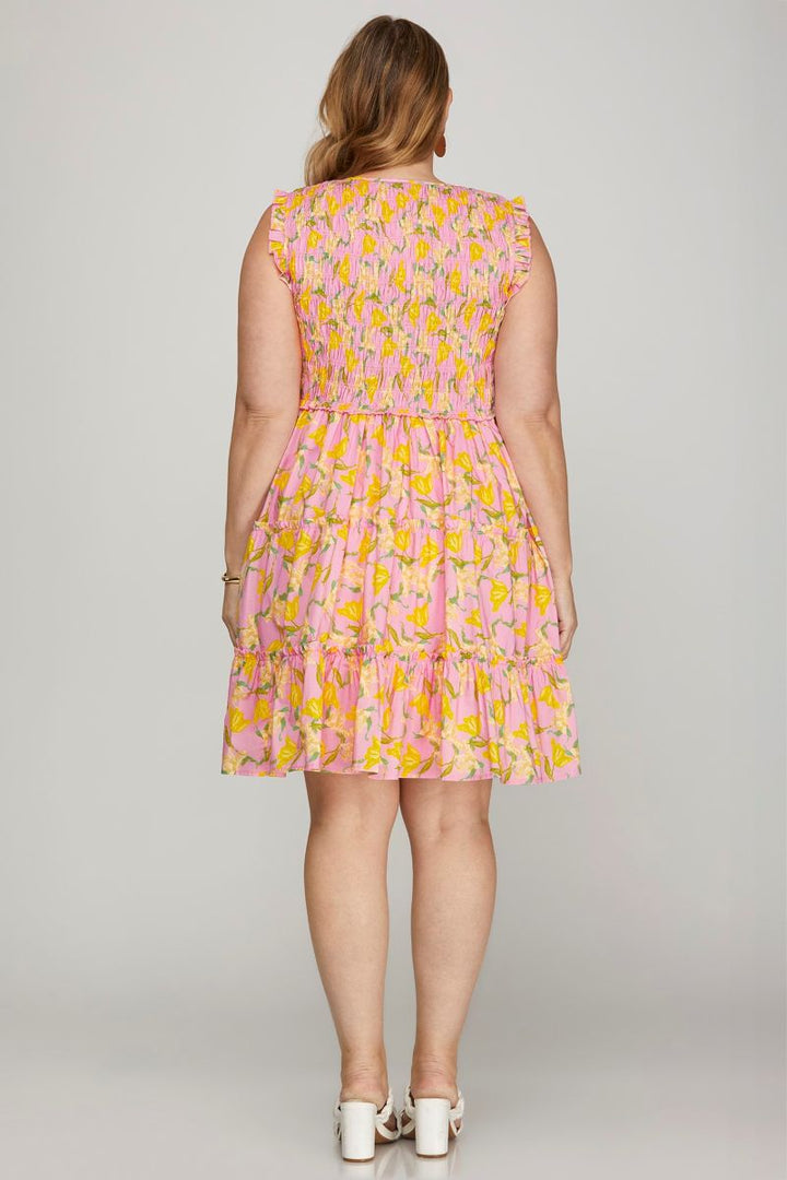 PINK FLORAL PRINT SMOCKED RUFFLE SLEEVES PLUS SIZE MINI DRESS SKPSY8685