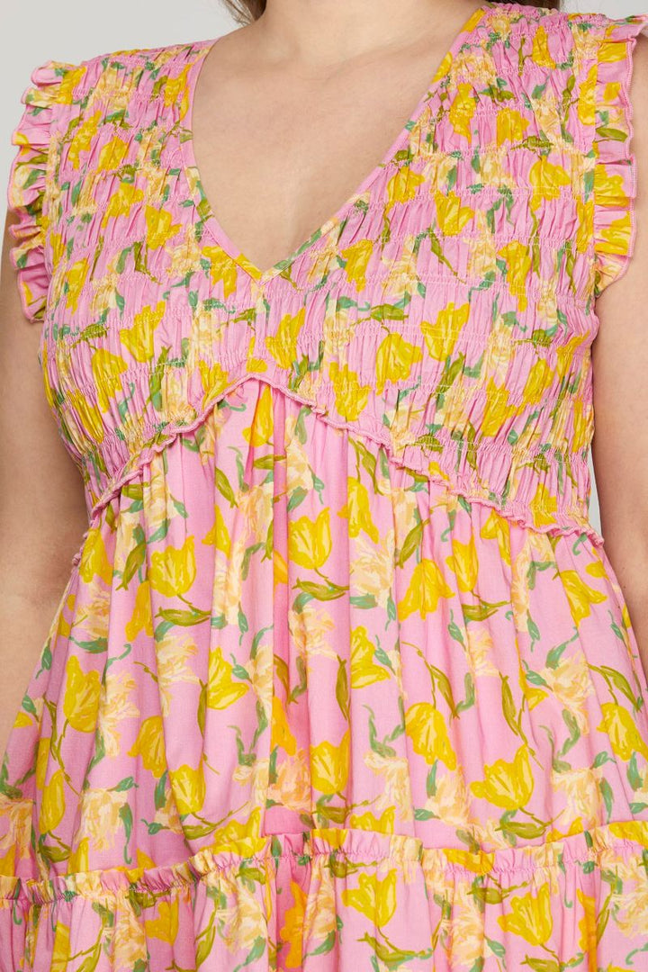 PINK FLORAL PRINT SMOCKED RUFFLE SLEEVES PLUS SIZE MINI DRESS SKPSY8685