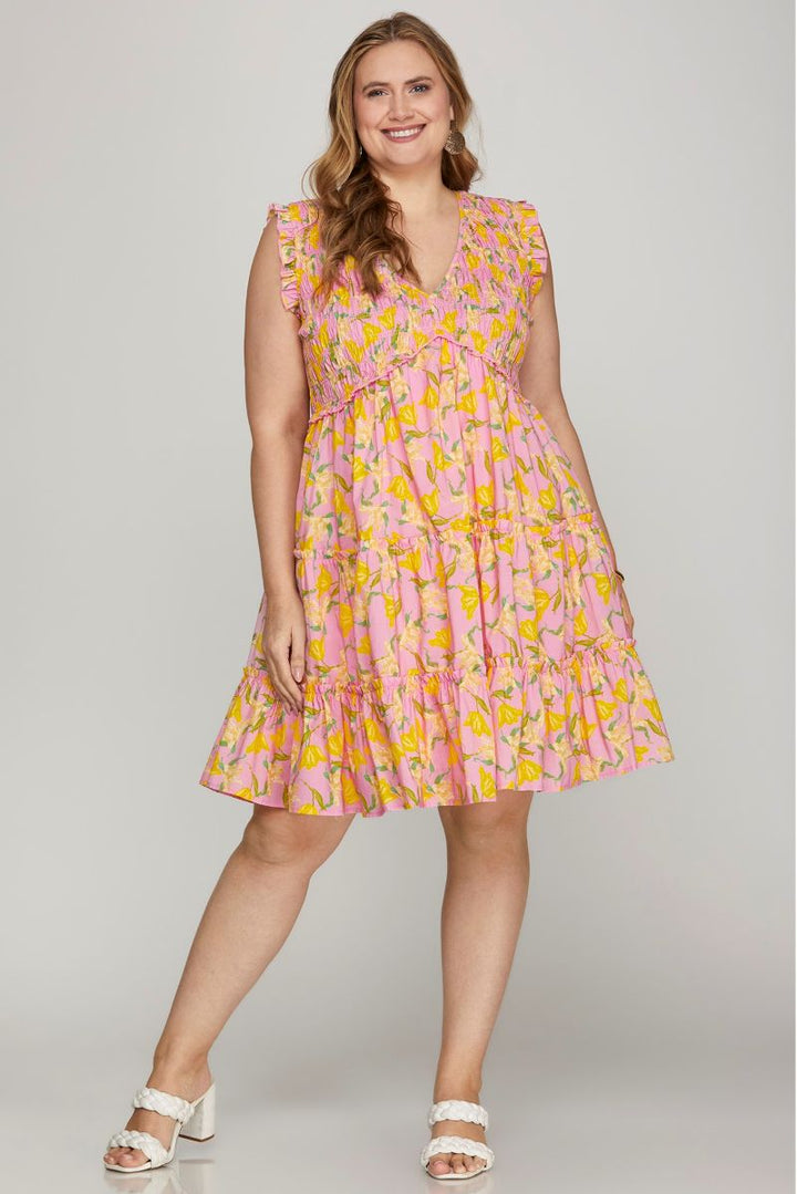 PINK FLORAL PRINT SMOCKED RUFFLE SLEEVES PLUS SIZE MINI DRESS SKPSY8685