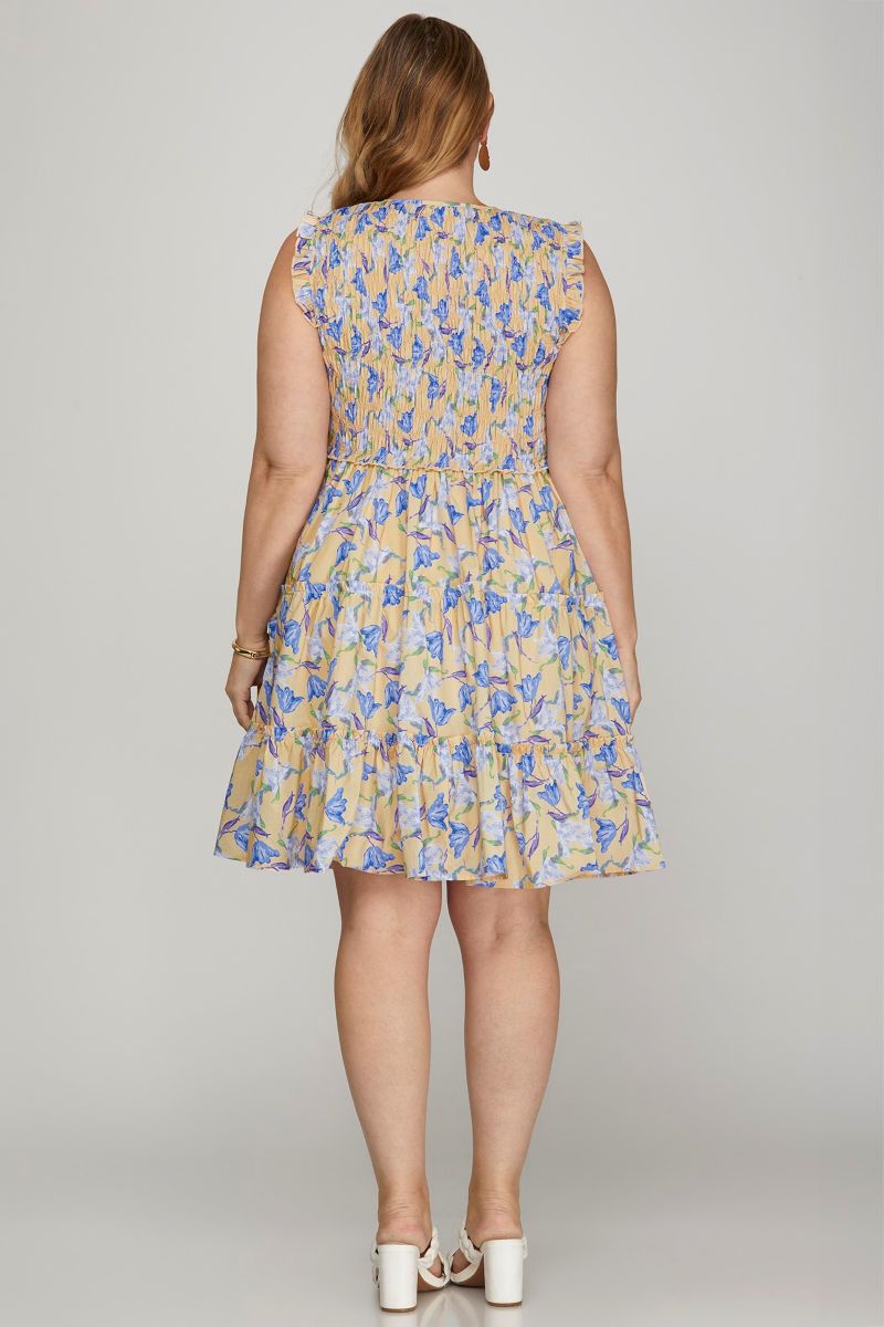 TAUPE FLORAL PRINT SMOCKED RUFFLE SLEEVES PLUS SIZE MINI DRESS SKPSY8685