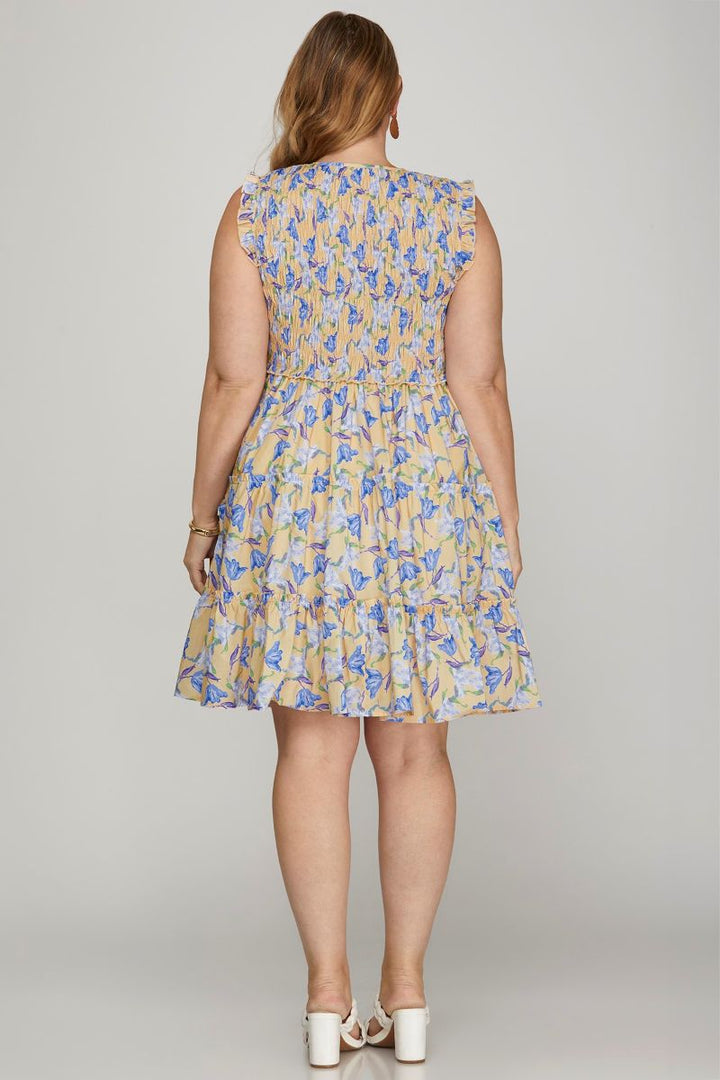 TAUPE FLORAL PRINT SMOCKED RUFFLE SLEEVES PLUS SIZE MINI DRESS SKPSY8685