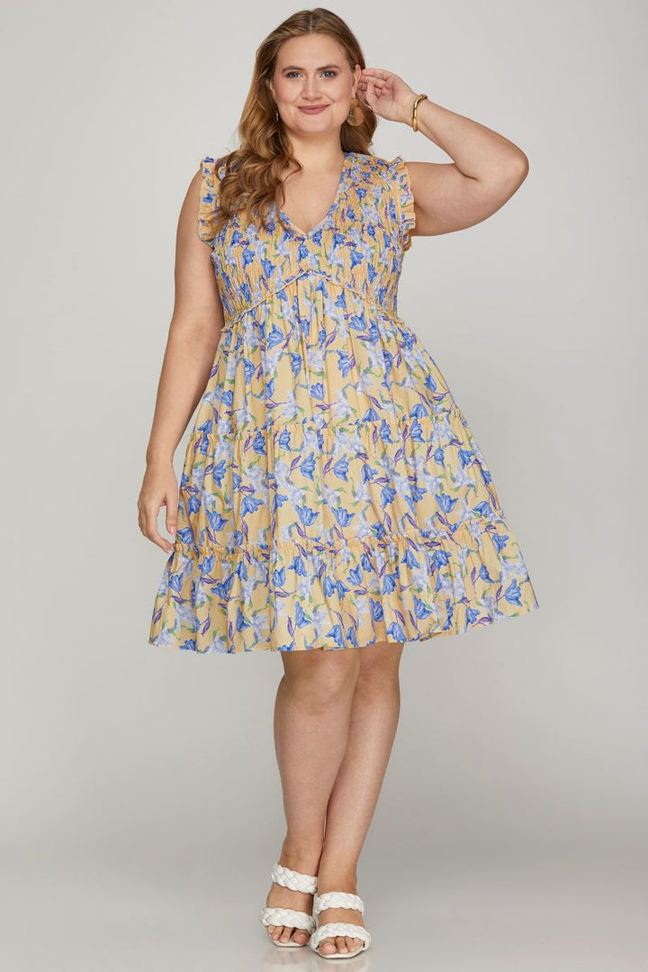 TAUPE FLORAL PRINT SMOCKED RUFFLE SLEEVES PLUS SIZE MINI DRESS SKPSY8685