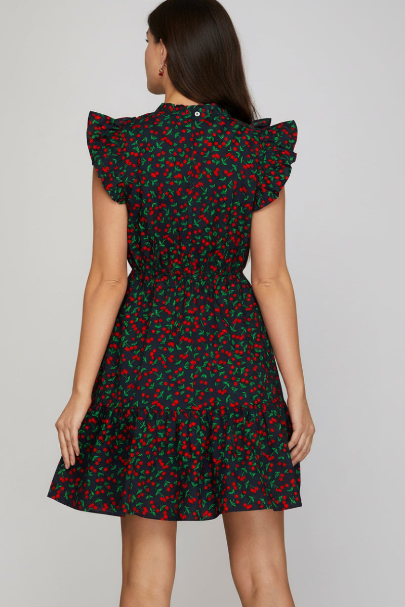 SLEEVELESS CHERRY PRINTED WOVEN MINI DRESS-SKSY8739