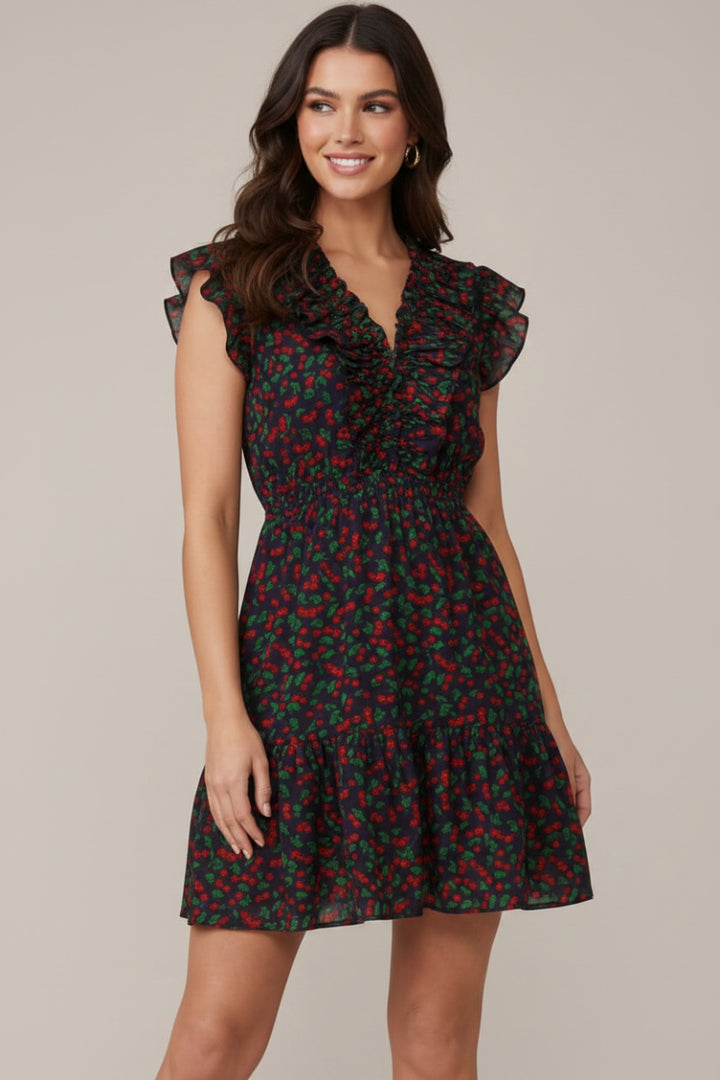 SLEEVELESS CHERRY PRINTED WOVEN MINI DRESS-SKSY8739
