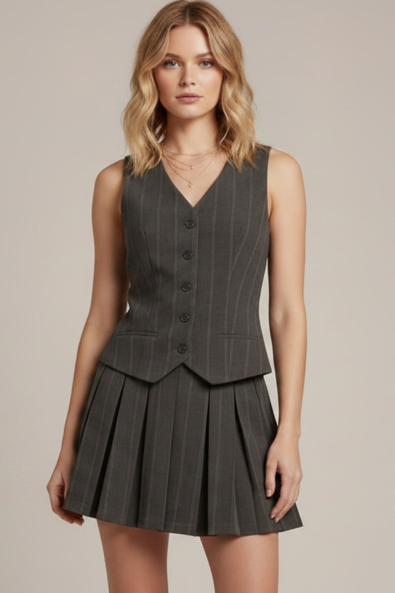 SLEEVELESS WOVEN STRIPED VEST PLEATED MINI DRESS-SKSY8629