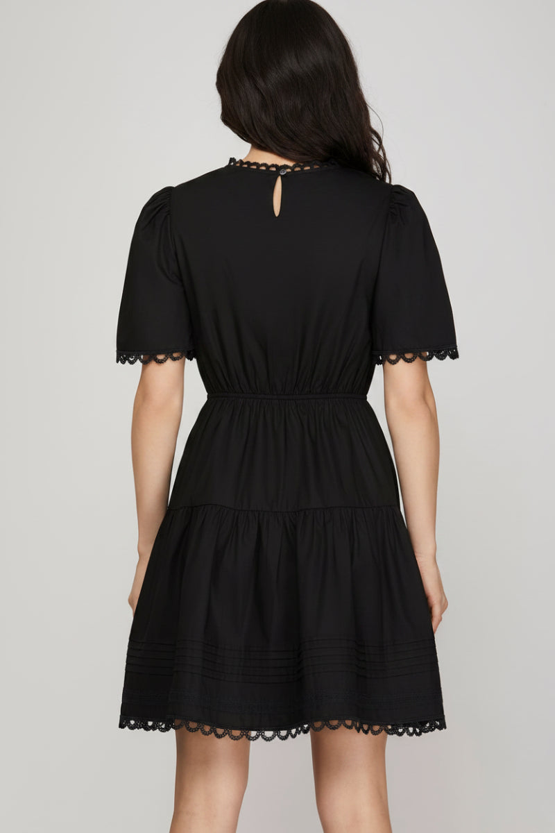 SHORT SLEEVE WOVEN TIERED MINI DRESS -SKSY8736