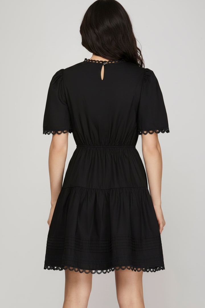 SHORT SLEEVE WOVEN TIERED MINI DRESS -SKSY8736