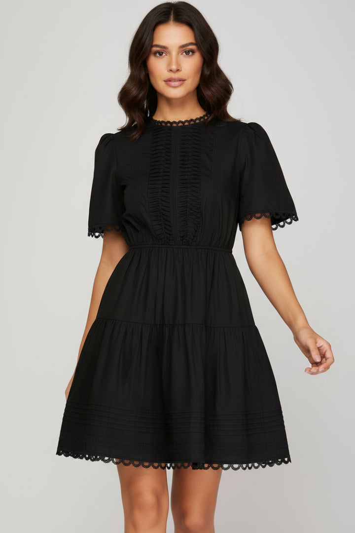 SHORT SLEEVE WOVEN TIERED MINI DRESS -SKSY8736