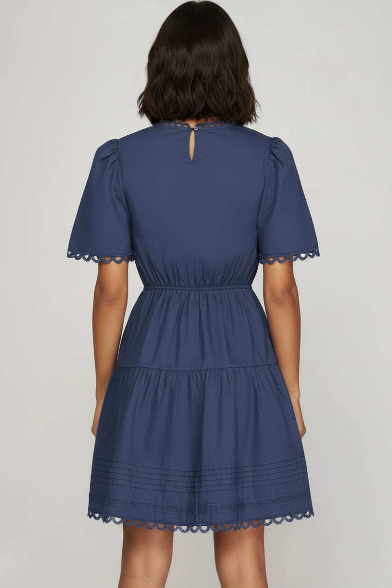 SHORT SLEEVE WOVEN TIERED MINI DRESS -SKSY8736