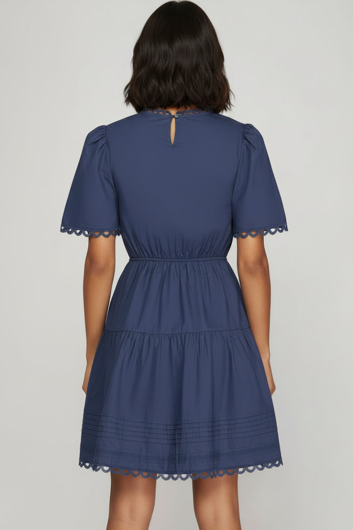 SHORT SLEEVE WOVEN TIERED MINI DRESS -SKSY8736
