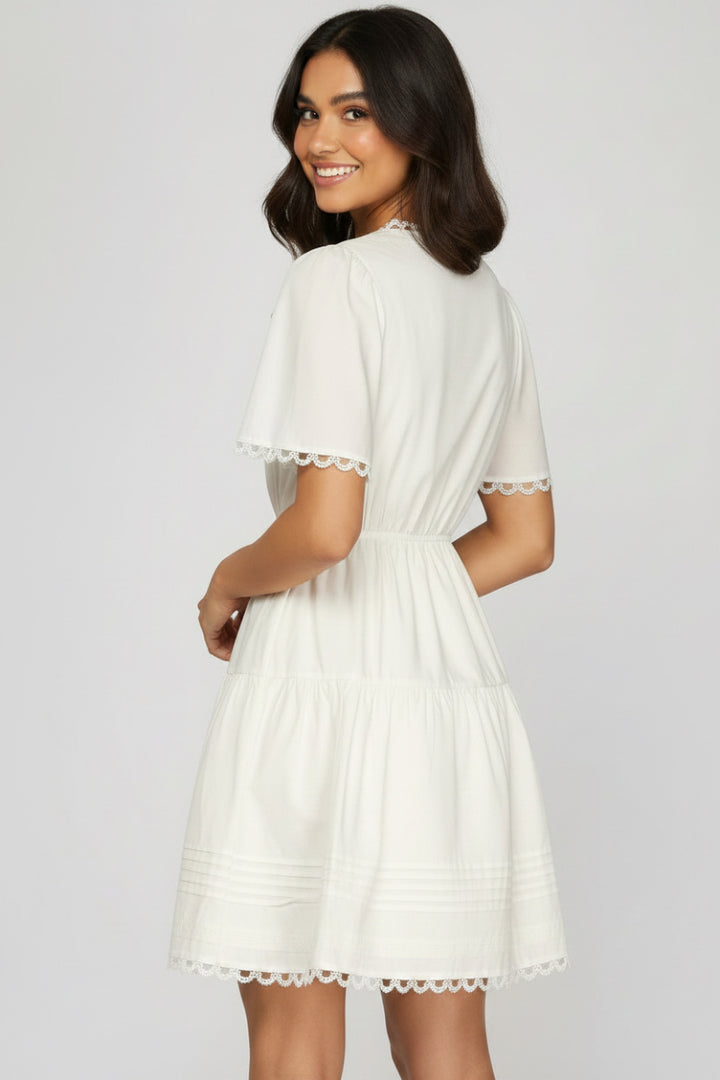 SHORT SLEEVE WOVEN TIERED MINI DRESS -SKSY8736