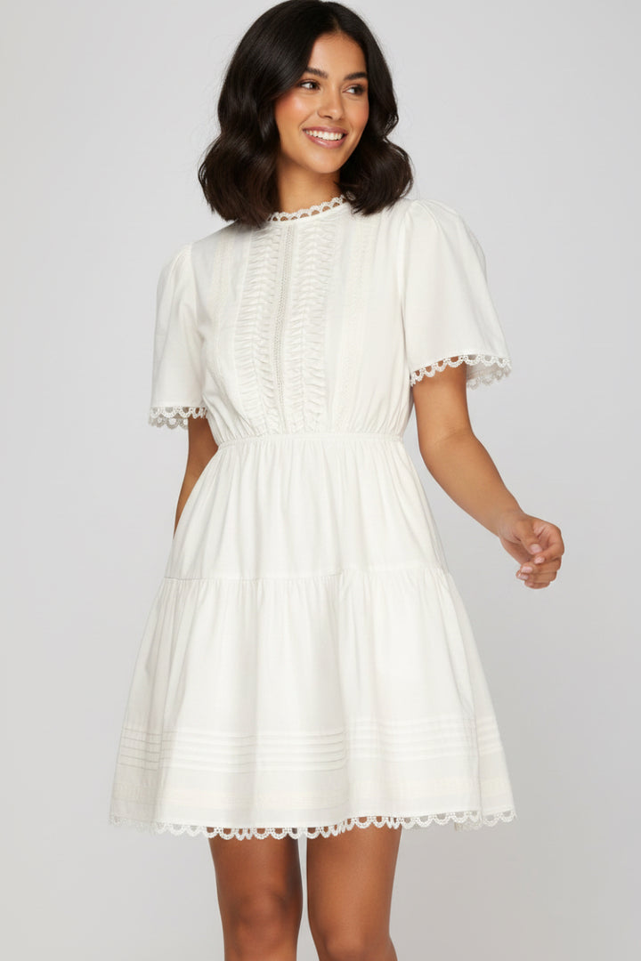 SHORT SLEEVE WOVEN TIERED MINI DRESS -SKSY8736