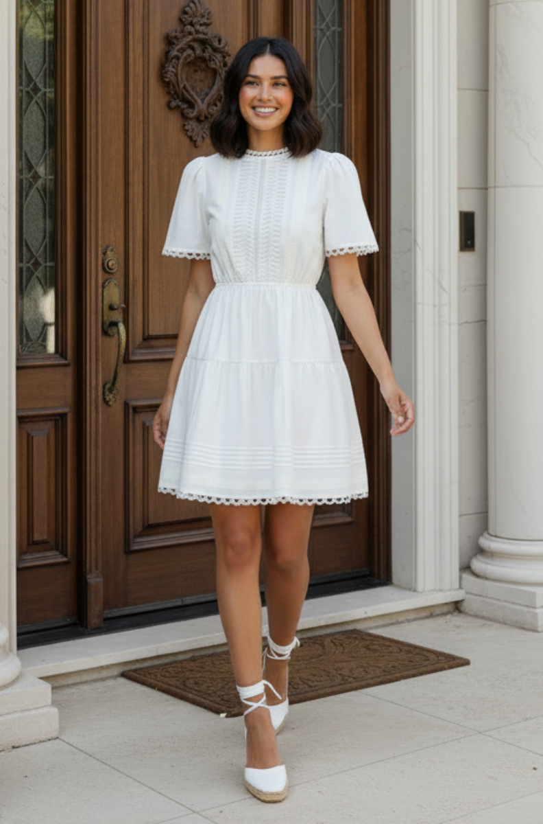 SHORT SLEEVE WOVEN TIERED MINI DRESS -SKSY8736