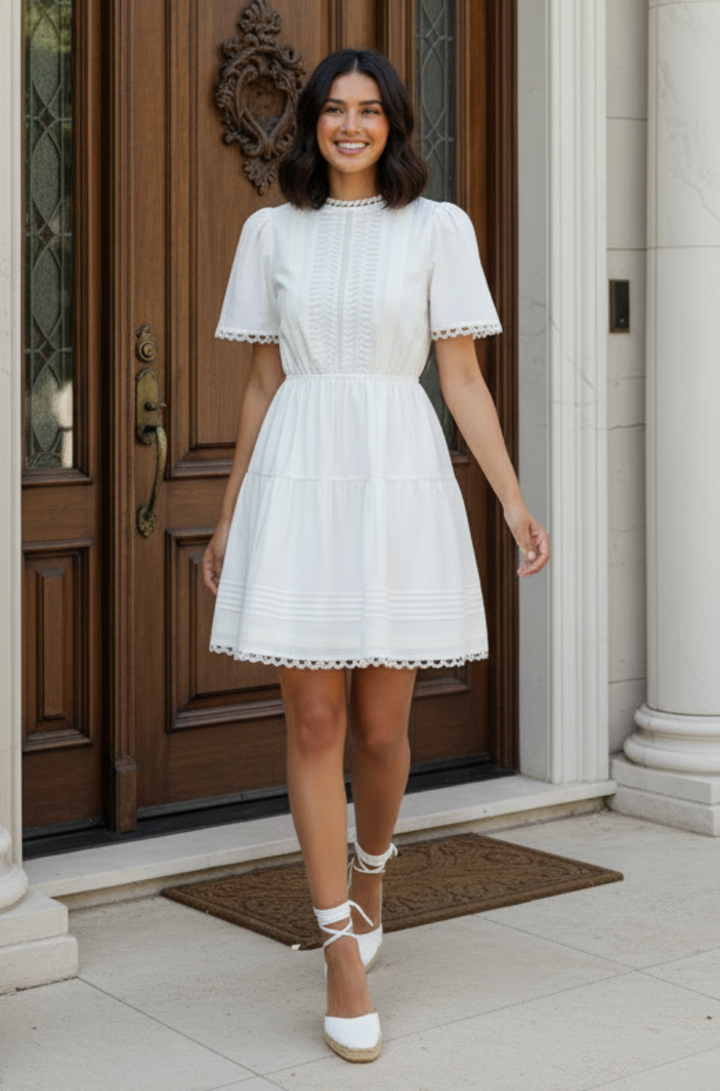 SHORT SLEEVE WOVEN TIERED MINI DRESS -SKSY8736