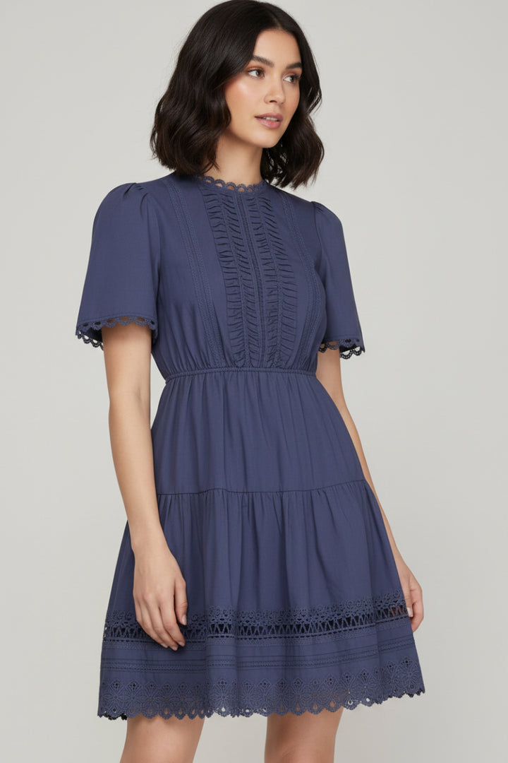 SHORT SLEEVE WOVEN TIERED MINI DRESS -SKSY8736