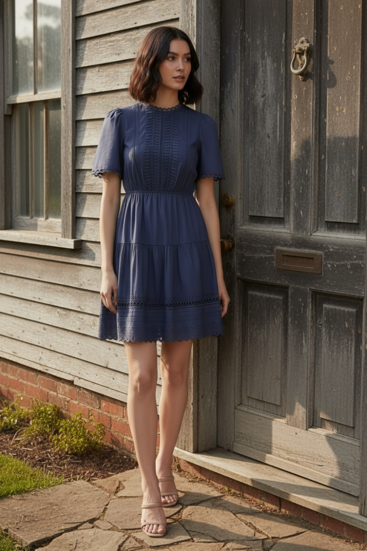 SHORT SLEEVE WOVEN TIERED MINI DRESS -SKSY8736