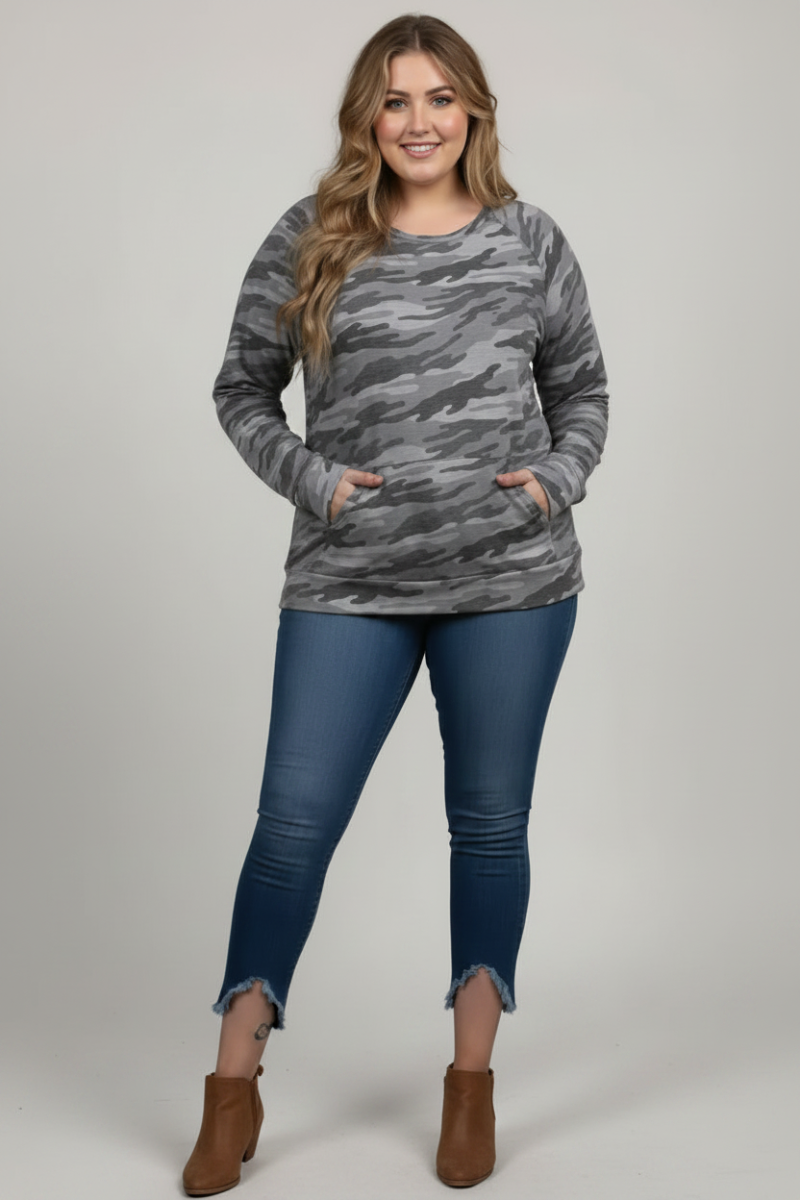 MILITARY PRINT PULLOVER PLUS SIZE TOP T7571PLB -