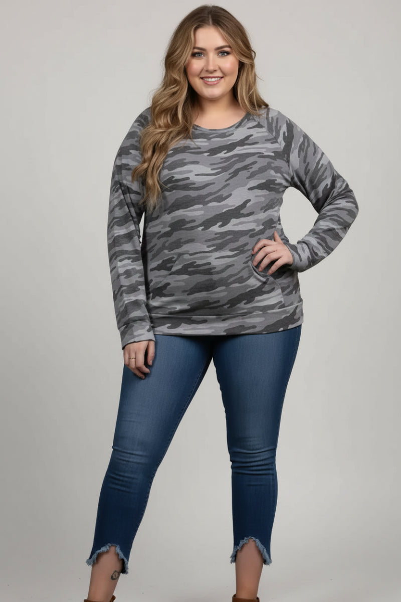 MILITARY PRINT PULLOVER PLUS SIZE TOP T7571PLB -