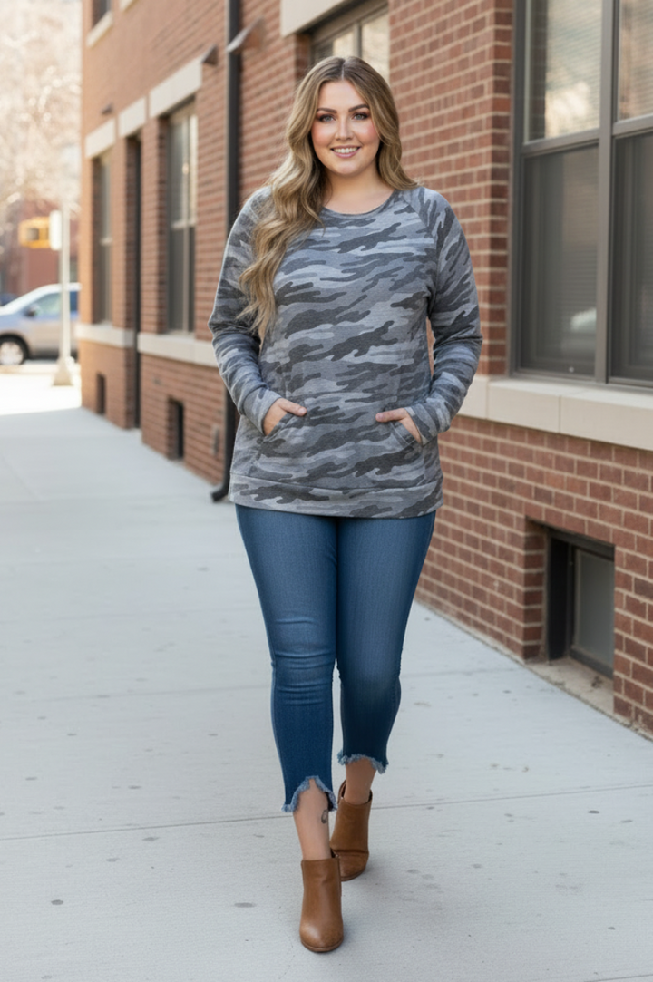 MILITARY PRINT PULLOVER PLUS SIZE TOP T7571PLB -