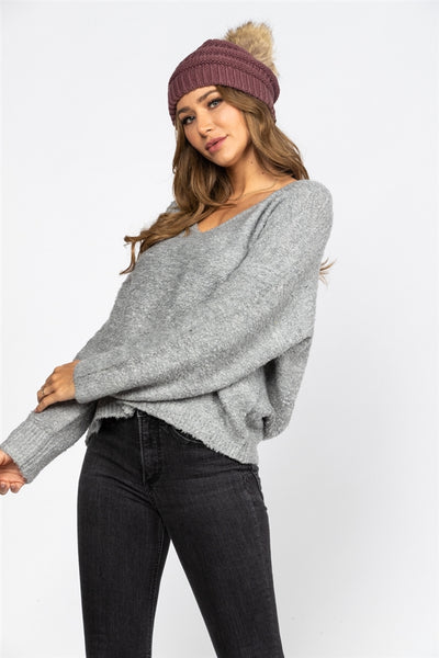 HEATHER GREY  BOUCLE KNIT PULLOVER SWEATER TOP-DZ20H174