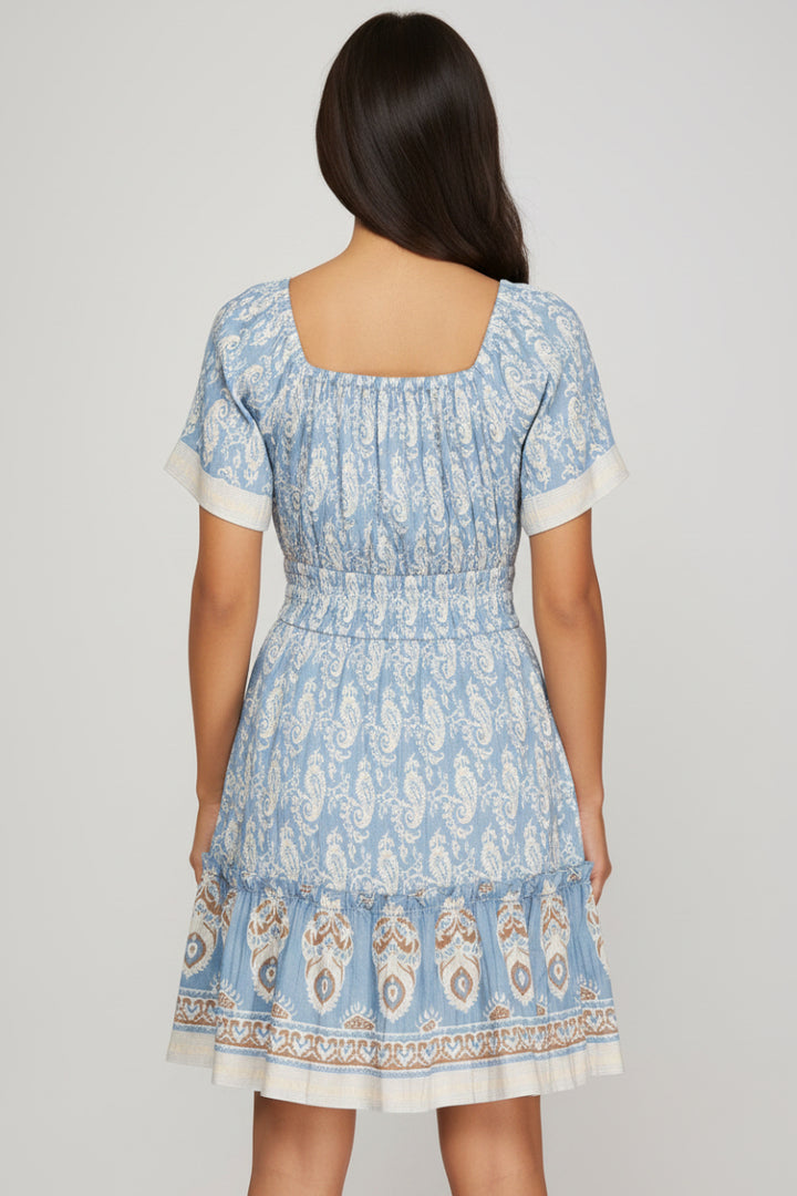 BELL SLEEVE BORDER PRINT WOVEN MINI DRESS-SKSY8724