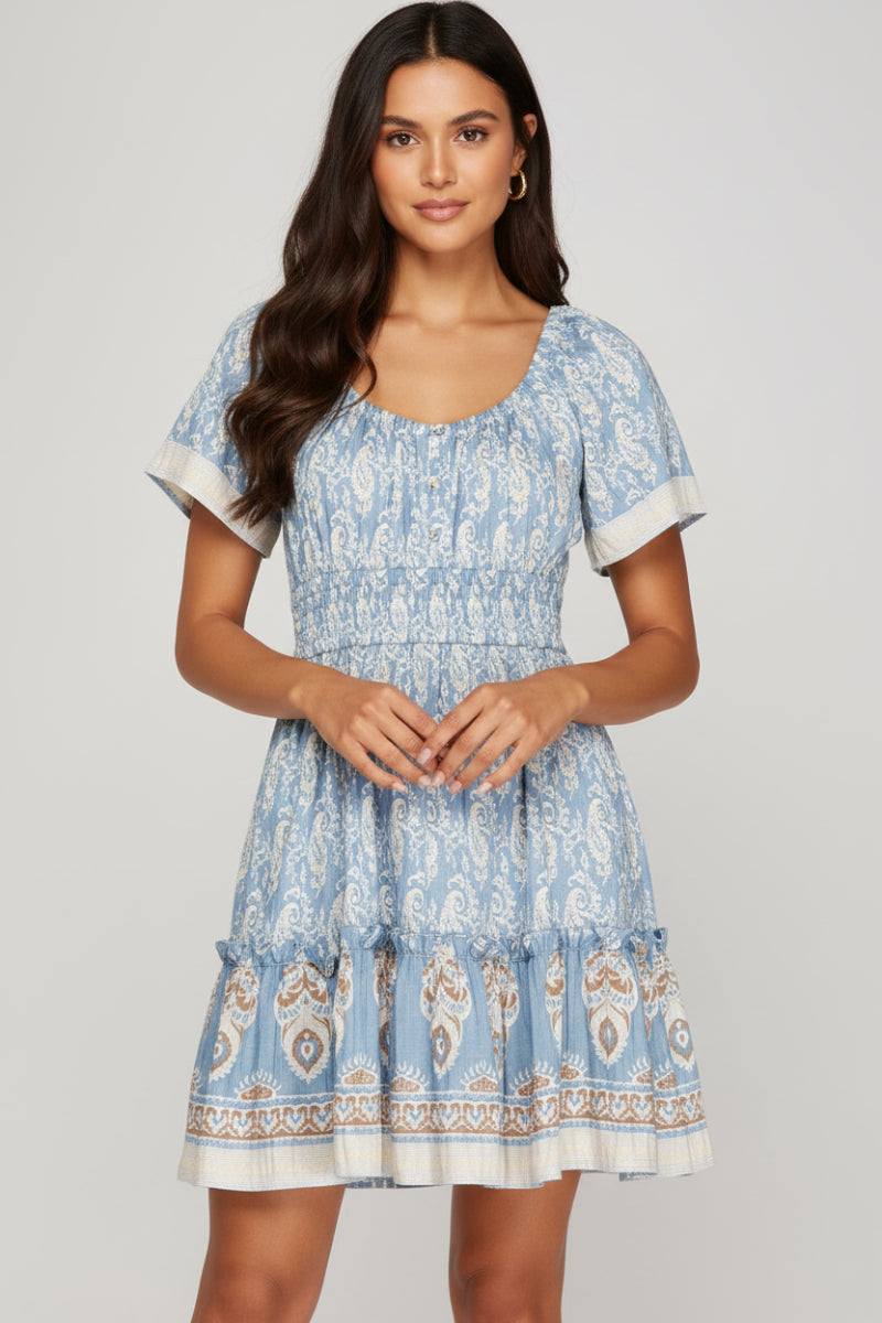 BELL SLEEVE BORDER PRINT WOVEN MINI DRESS-SKSY8724