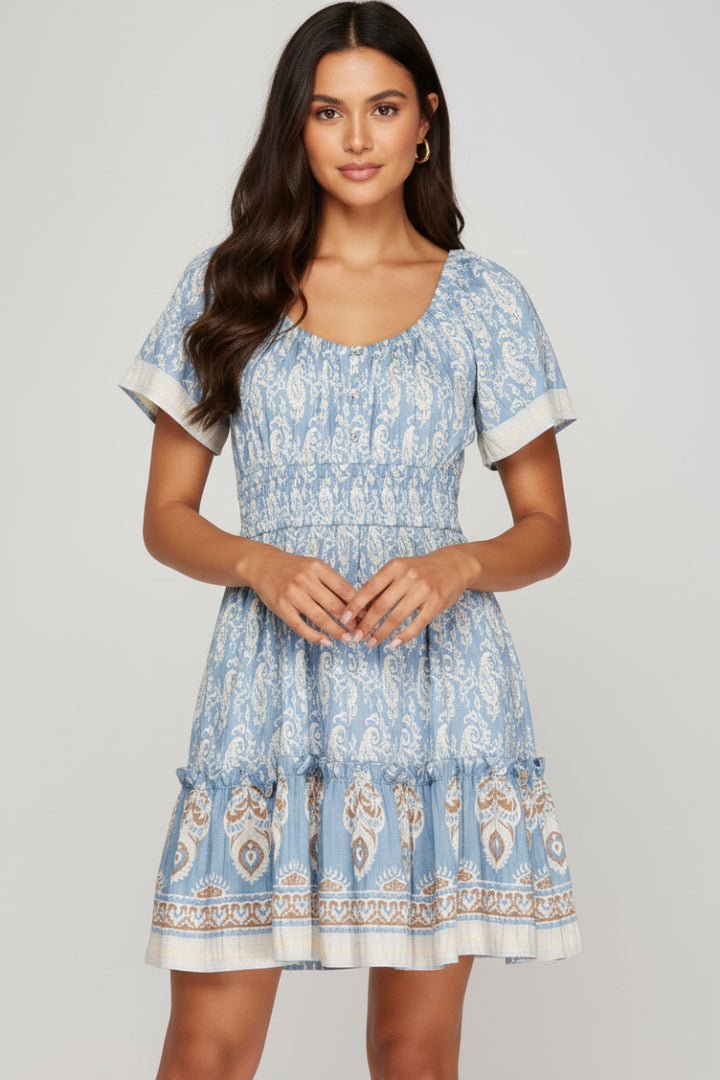 BELL SLEEVE BORDER PRINT WOVEN MINI DRESS-SKSY8724