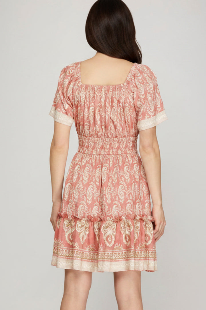BELL SLEEVE BORDER PRINT WOVEN MINI DRESS-SKSY8724