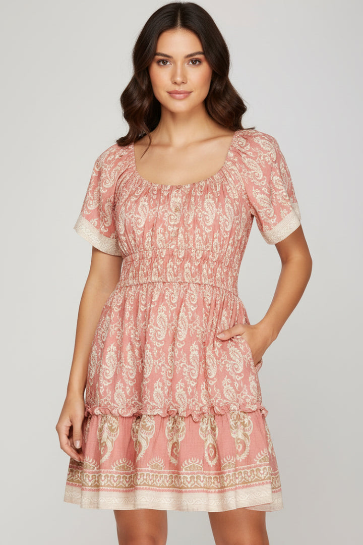 BELL SLEEVE BORDER PRINT WOVEN MINI DRESS-SKSY8724