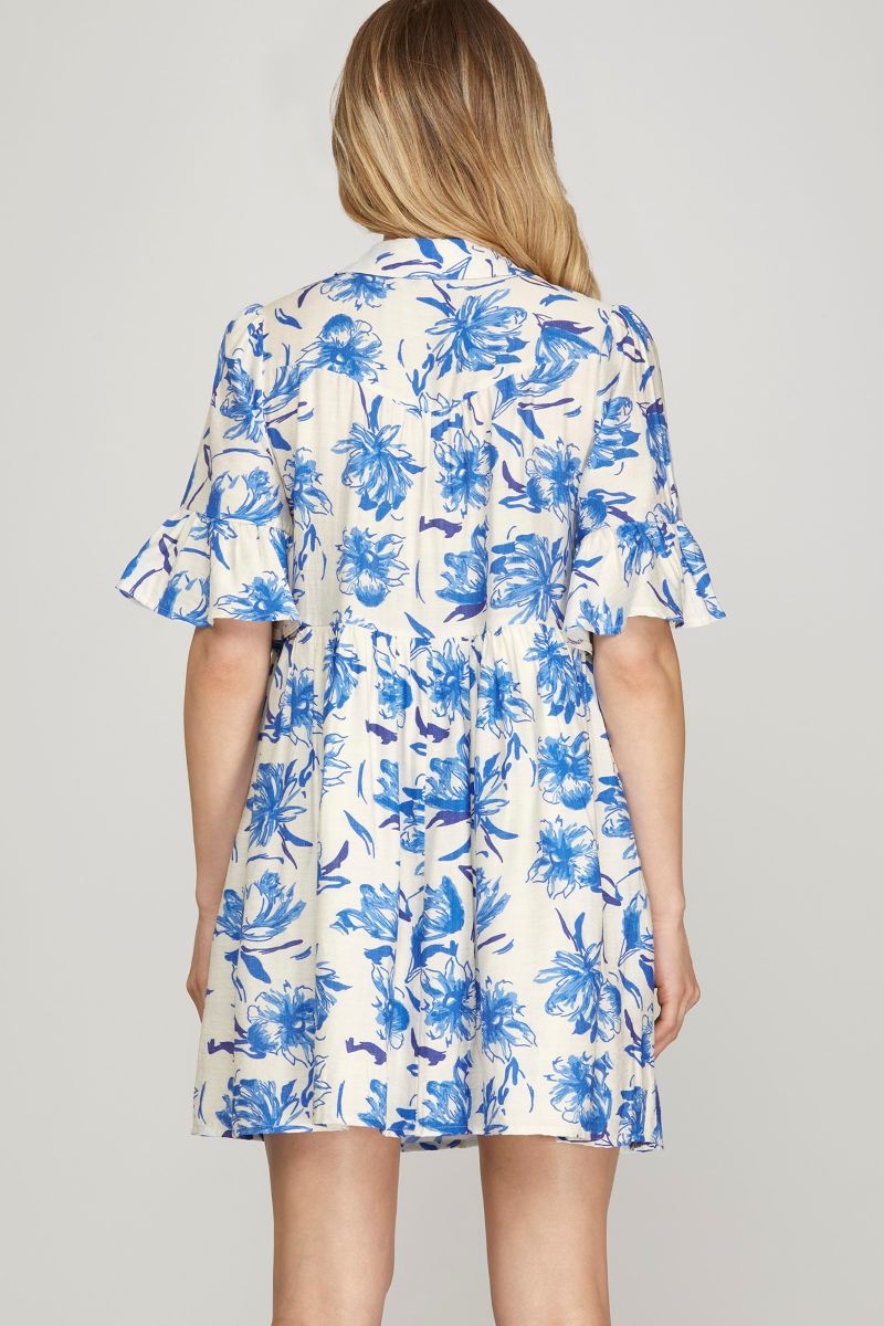 BLUE FLORAL PRINT RUFFLED SLEEVES W/ POCKETS MINI DRESS SKSY8728