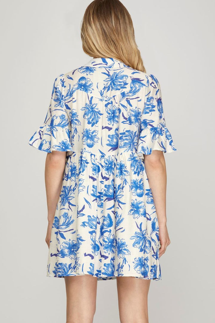 BLUE FLORAL PRINT RUFFLED SLEEVES W/ POCKETS MINI DRESS SKSY8728
