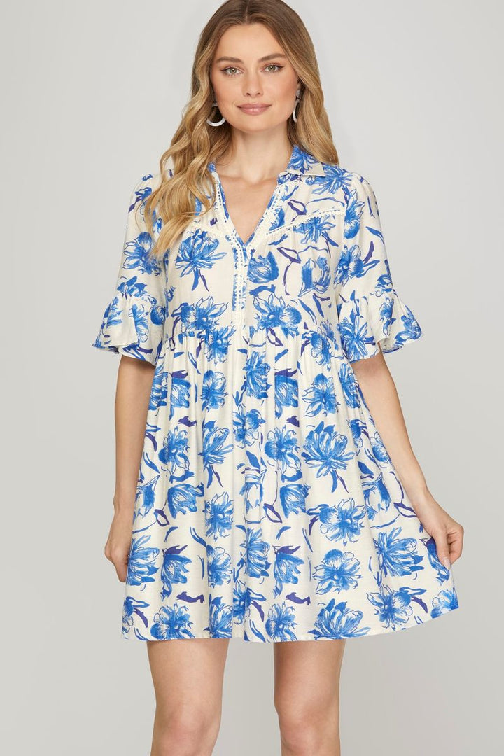 BLUE FLORAL PRINT RUFFLED SLEEVES W/ POCKETS MINI DRESS SKSY8728