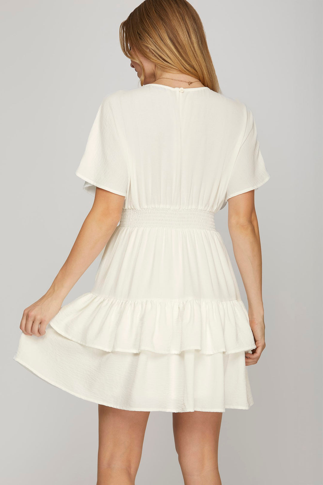 BLACK WOVEN WAIST SMOCKING TIERED MINI DRESS-SKSY8837