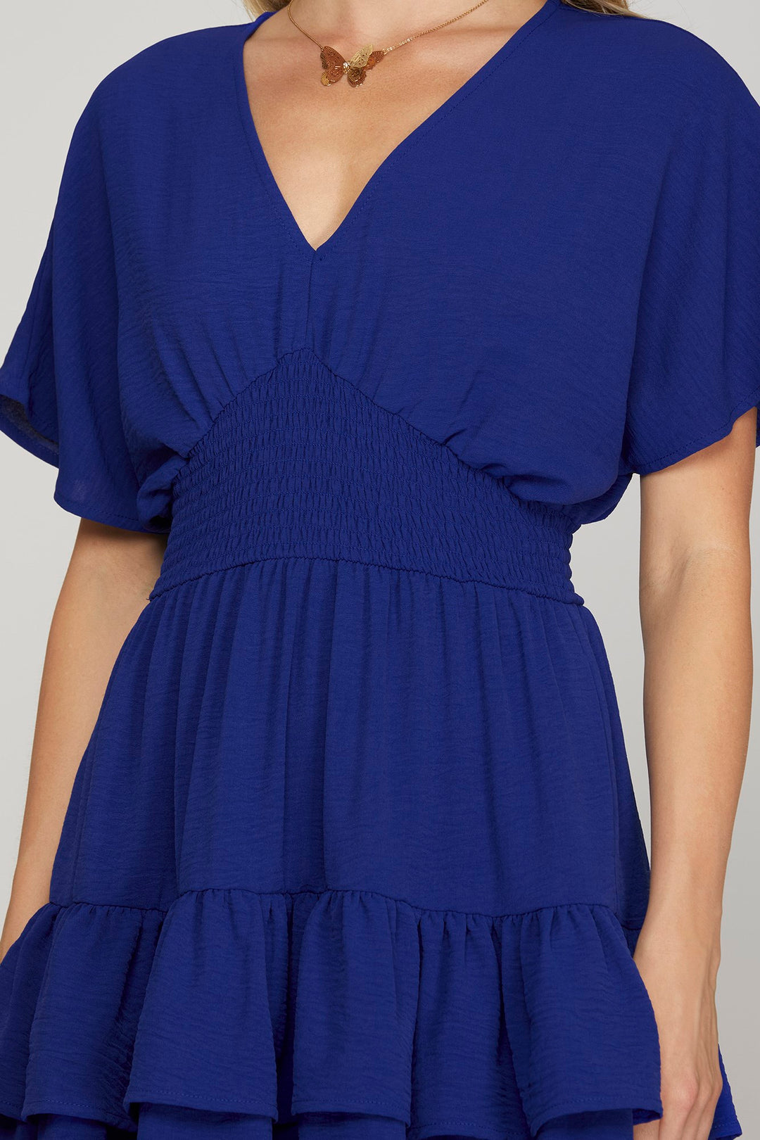 BLACK WOVEN WAIST SMOCKING TIERED MINI DRESS-SKSY8837