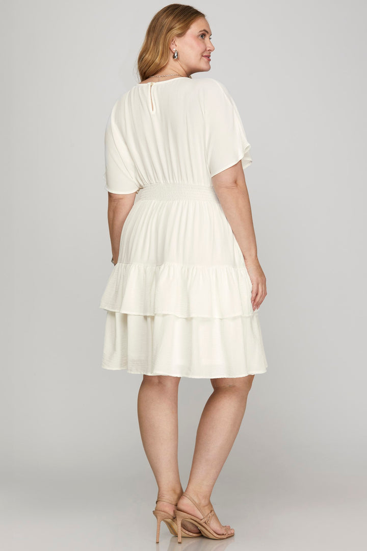 WOVEN WAIST SMOCKING TIERED MINI DRESS -SKPSY8837
