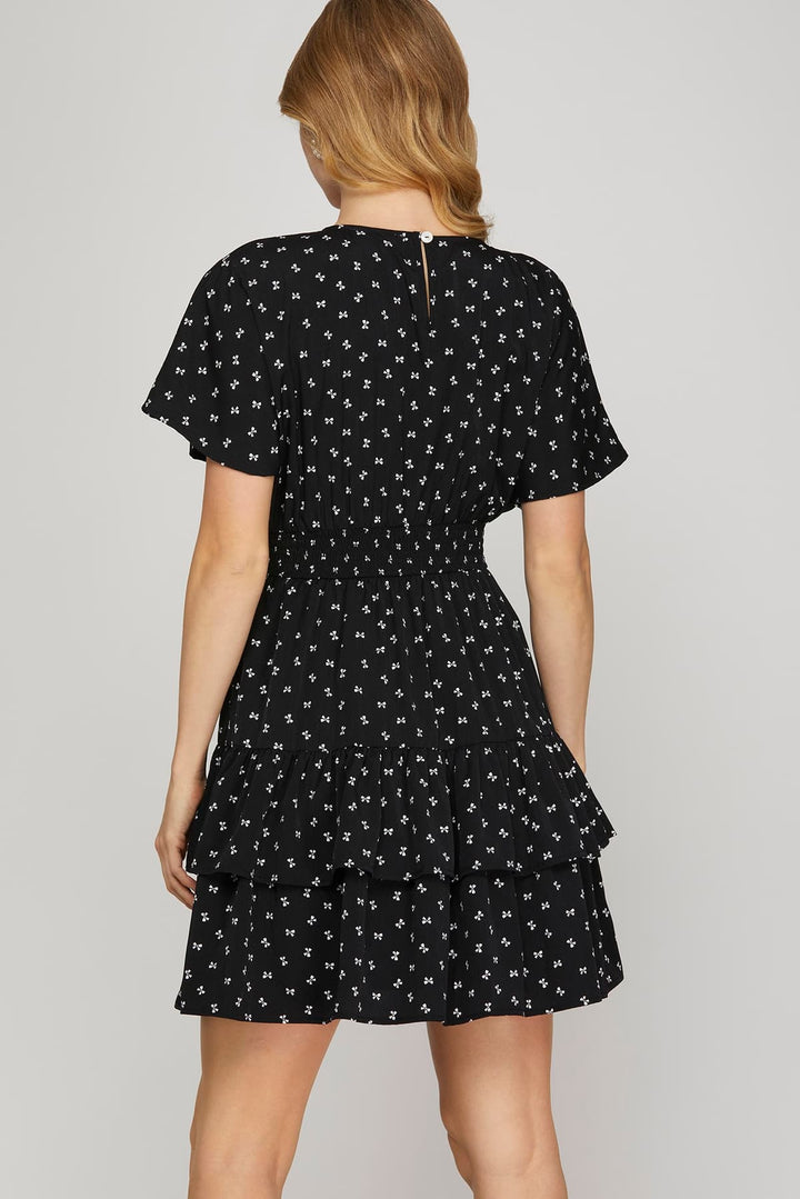 MINI BOW PRINT WAIST SMOCKING TIERED MINI DRESS-SKSY8838
