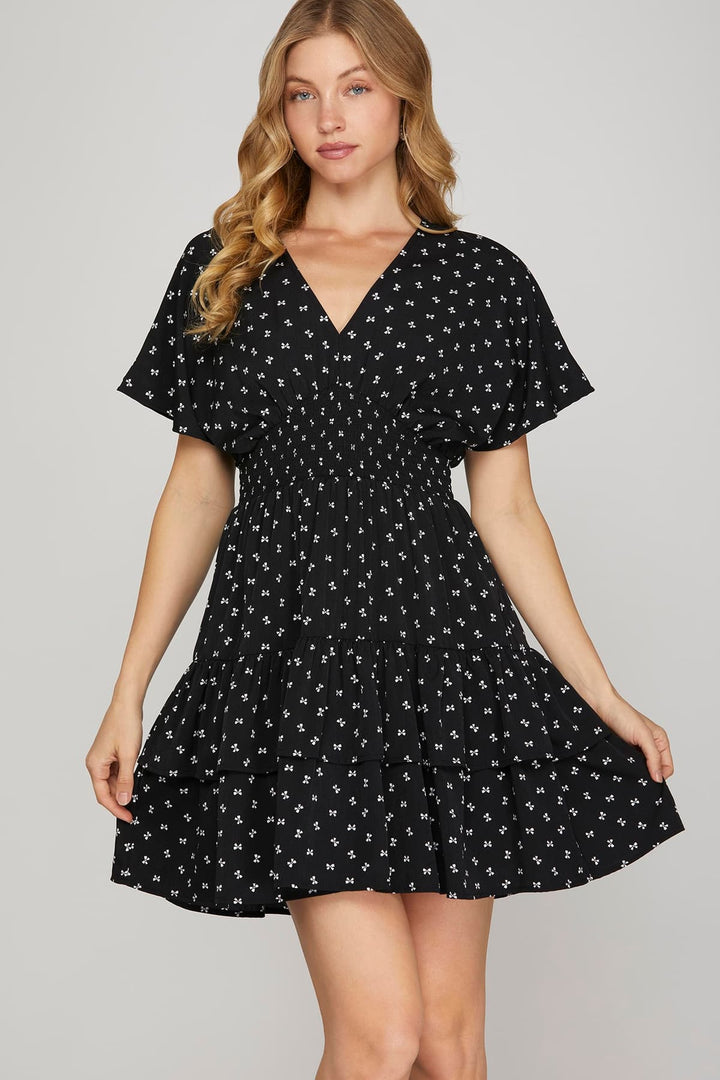 MINI BOW PRINT WAIST SMOCKING TIERED MINI DRESS-SKSY8838