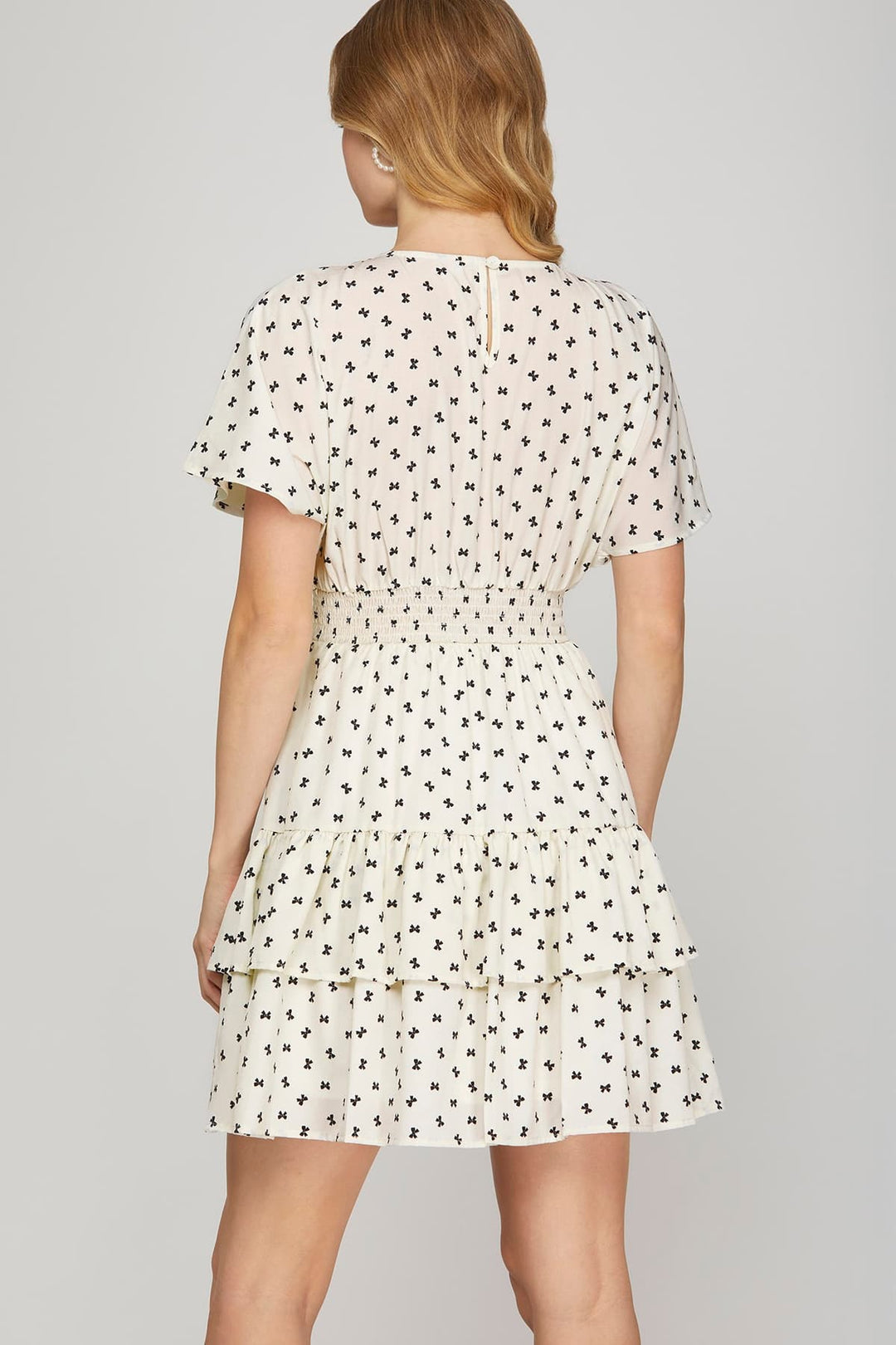 MINI BOW PRINT WAIST SMOCKING TIERED MINI DRESS-SKSY8838