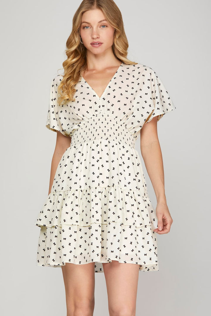 MINI BOW PRINT WAIST SMOCKING TIERED MINI DRESS-SKSY8838